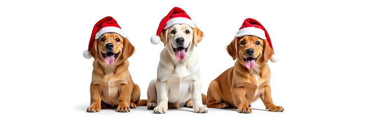 Poster - Three Festive Dogs Wearing Red Santa Hats Stand Isolated Against A White Background With Transparent Png Image Effect. 00001