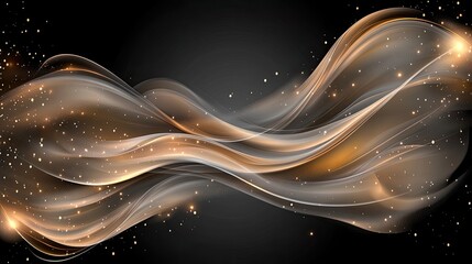 Poster - Dynamic gold wave lines with glowing effects create an elegant abstract presentation design against a black background, evoking sophistication