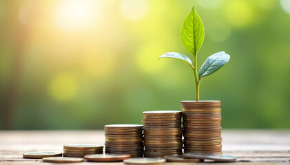 A tiny tree sprouting on top of coin stacks represents saves, investment, and financial expansion against a conceptually vibrant backdrop. 
