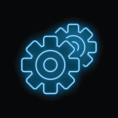 Poster - Two neon blue gears are rotating on a black background