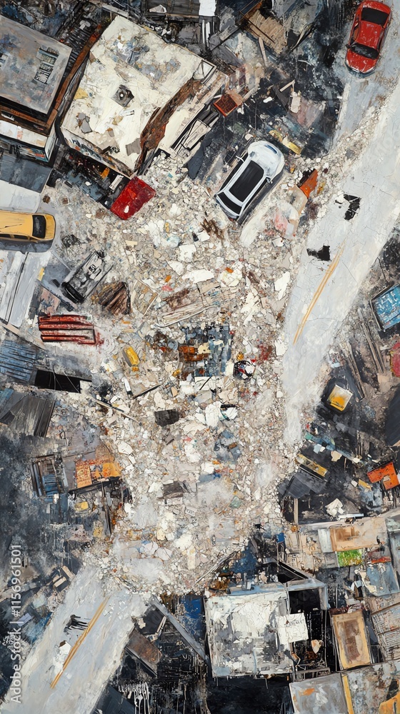 Aerial view of devastation after a natural disaster. Rubble, debris ...