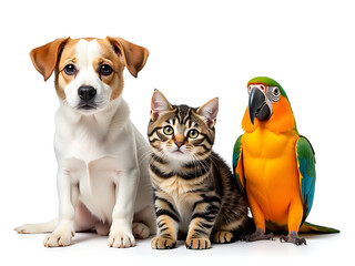 Poster - Three Animals Including A Dog, Cat, And Parrot Are Isolated Against A Clean White Background In This Image. 00002