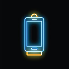 Poster - Glowing neon line mobile phone and charger icon isolated on black background. Neon light glowing effect. Vector illustration