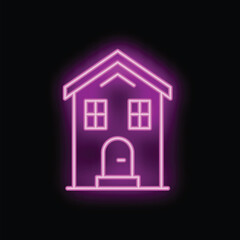Poster - Bright pink neon sign in the shape of a simple house is glowing on a black background