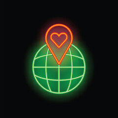Poster - Glowing neon icon of a location pin with a heart shape pointing on a world grid against a black background