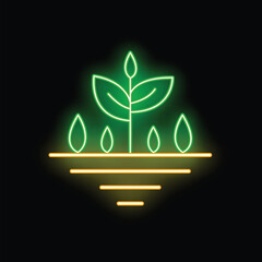 Poster - Green neon plant growing from ground icon illustration on black background