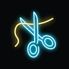 Wall Mural - Neon scissors cutting a ribbon, glowing blue and yellow on a black background