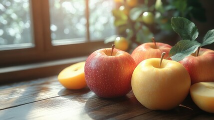 Wall Mural - Ripe red and yellow apples on wooden table by window.