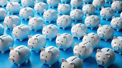 Poster - Many White Piggy Banks on Blue Background - Savings, Finance, Money Concept Stock Photo