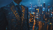 Abstract business man stands on the peak of success amid tall, innovative Smart city and graphs with statistics to analyze business potential and predict future developments in company growth.