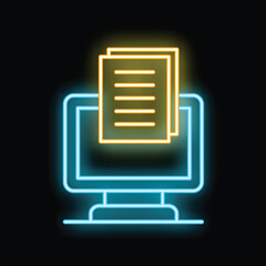 Poster - Neon icon of a computer displaying documents, representing concepts like digital marketing, content creation, and online documentation