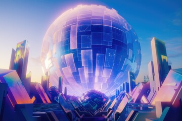 Poster - Futuristic cityscape with a giant transparent, geometric sphere hovering above.