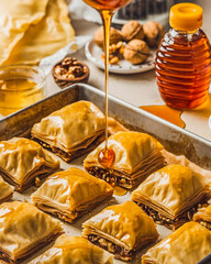 Poster - A tray with ready-made baklava sprinkled with cinnamon and sugar. A bowl of honey syrup stands next to the tray.