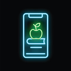 Poster - Glowing neon icon of an apple sitting on a book displayed on a smartphone screen, representing online education