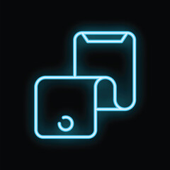 Poster - Blue neon icon of two smartphones with overlapping screens showing synchronization process on black background
