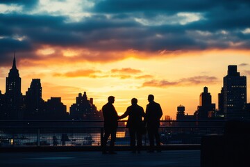 Aufkleber - Three businessmen silhouetted against a vibrant sunrise over a city skyline, shaking hands.