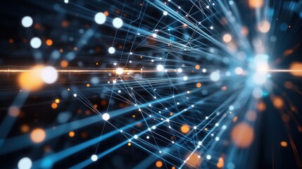 Aufkleber - Abstract network data flow visualization; glowing lines and nodes converge at a central point, depicting connectivity and information transfer.