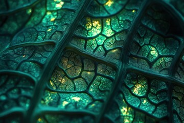 Poster - Close-up of a vibrant green leaf's intricate vein structure, glowing with subtle light.