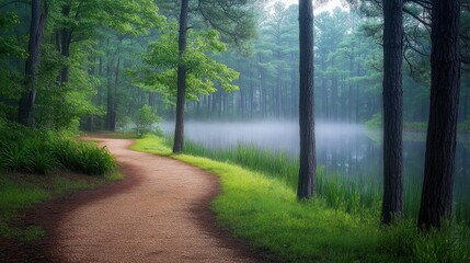 Aufkleber - Misty morning path winding by tranquil lake in lush green forest.