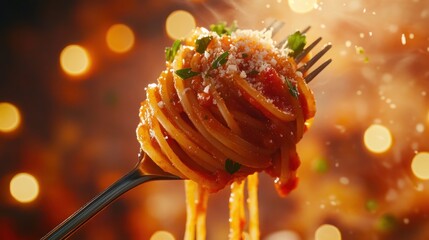 Poster - Delicious spaghetti with tomato sauce on a fork, garnished with parmesan cheese and parsley.