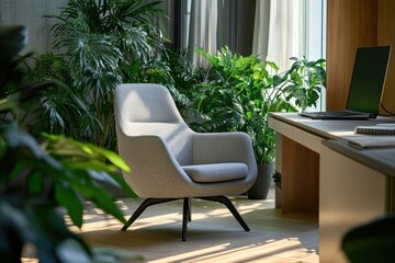 Poster - Modern grey armchair in sunlit room surrounded by lush green plants and a desk with laptop.