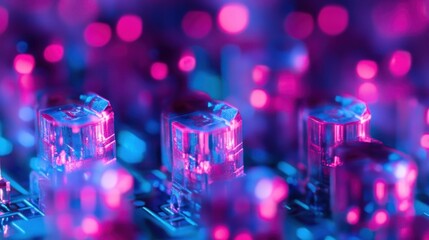 Poster - Abstract close-up of glowing translucent cubes in vibrant pink and blue light, resembling a futuristic cityscape.