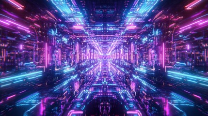 Poster - Abstract futuristic tunnel with vibrant neon lights and glowing lines creating a symmetrical pattern.