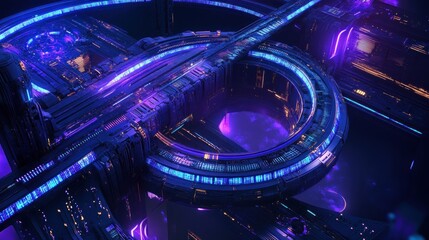 Poster - Futuristic city with glowing neon lights and intricate structures at night.