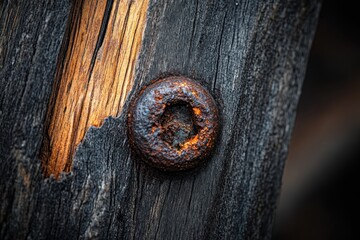 Poster - Close-up of a rusty bolt in weathered wood.