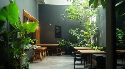 Poster - Lush indoor courtyard with wooden tables, chairs, and abundant greenery.
