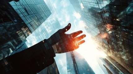 Poster - Hand reaching towards bright city skyline, double exposure effect.