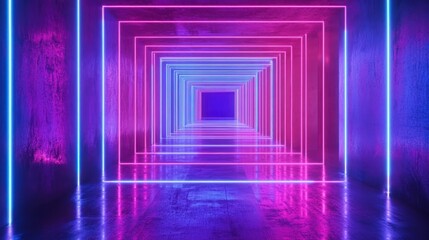 Poster - Abstract neon tunnel with pink and blue glowing lights, reflecting on wet floor.