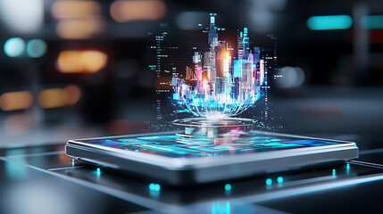Poster - Digital cityscape projection on tablet screen futuristic technology modern workspace high-tech environment close-up view urban concept