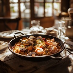 Poster - Delicious seafood paella served in a rustic pan on a wooden table, bathed in warm sunlight.