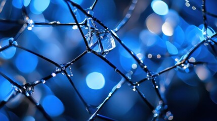 Poster - Close-up of ice crystals on a latticework against a blurred blue bokeh background.