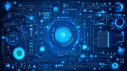 Poster - Abstract Technology Blue Circuit Design on Dark Background, Ideal for Electronics and Engineering