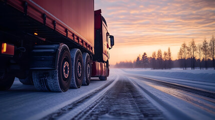 Wall Mural - Trucks on Snowy Road with Tire Tracks at Sunset