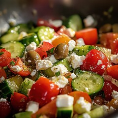 Poster - Close-up of a vibrant Greek salad with tomatoes, cucumbers, olives, and feta cheese.