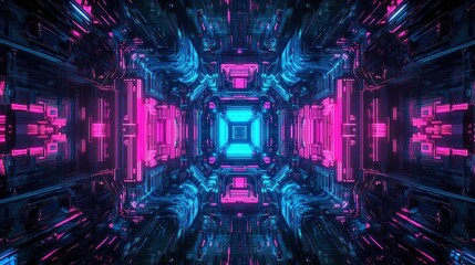 Poster - Abstract digital tunnel with vibrant pink and blue neon lights, symmetrical geometric patterns, and glowing core.