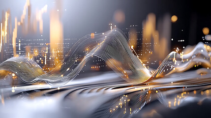 Poster - Dynamic abstract waves in a futuristic cityscape digital art modern aesthetic vibrant lights high-resolution view
