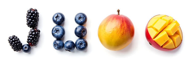 Poster - The Letters I And J Are Made Up Of Blueberries Blackberries And Mango Isolated On A White Background. 00003