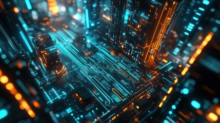 Fototapete - abstract futuristic city with glowing neon lines and intricate details.