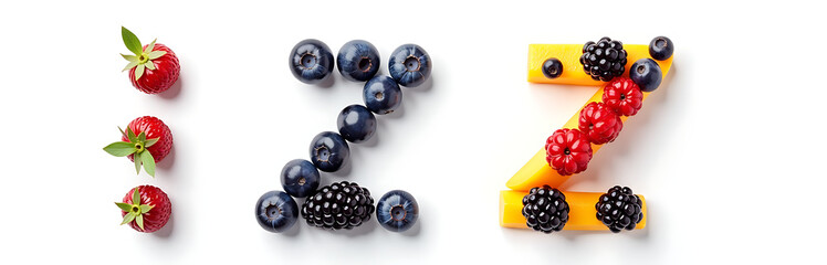 Poster - The Letters I And J Are Made Up Of Blueberries Blackberries And Mango Isolated On A White Background. 00001