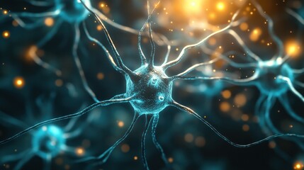 Poster - Microscopic view of interconnected neurons, glowing with light.