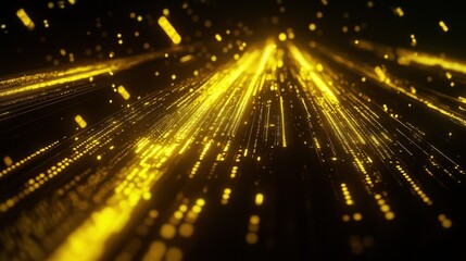 Fototapete - Abstract gold light streaks converging, glowing particles on dark background.