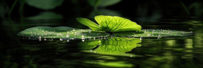 Leinwandbilder - Dew-covered water lily leaf floats serenely on dark water, reflecting its vibrant green.
