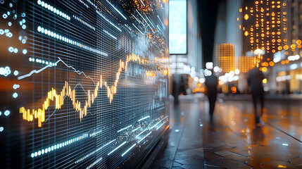 Poster - Analyzing market trends in a vibrant cityscape at night digital display insights urban environment financial concept