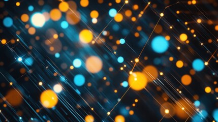 Poster - Abstract background with glowing orange and blue particles and diagonal lines.