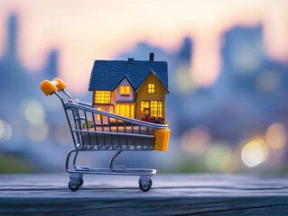 Poster - Miniature house in shopping cart against city backdrop. (2)