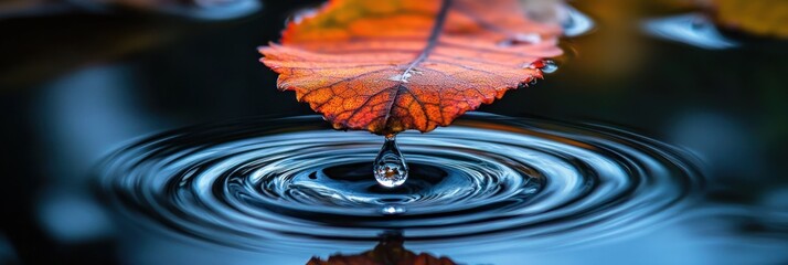 Poster - Autumn leaf dripping water creating concentric circles on dark water surface.
